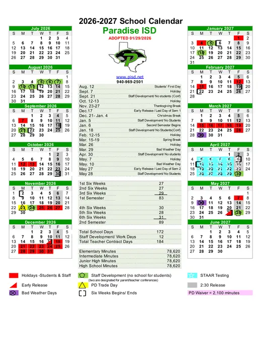 Paradise ISD 2026–2027 Academic Calendar