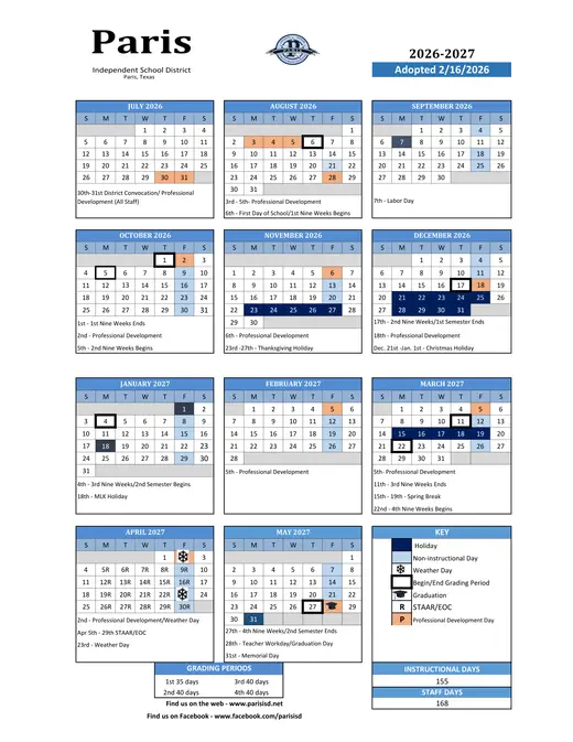 Paris Independent School District 2026–2027 Academic Calendar