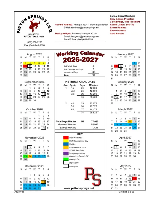 Patton Springs ISD 2026–2027 Academic Calendar Page 1