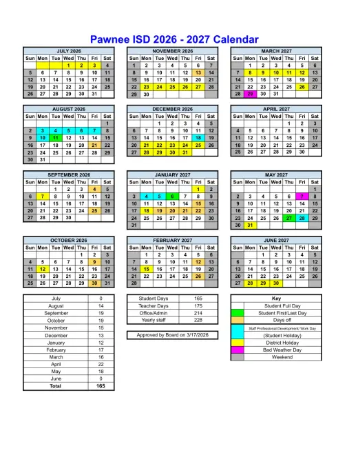 Pawnee ISD 2026–2027 Academic Calendar Page 1
