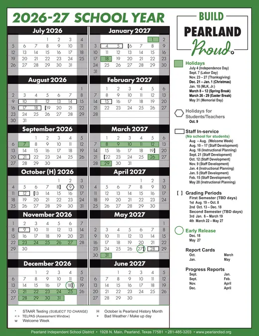 Pearland Independent School District 2026–2027 Academic Calendar