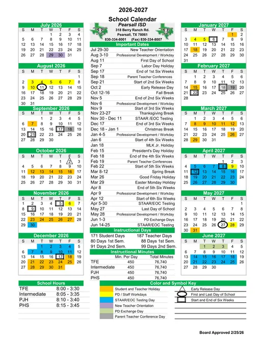 Pearsall ISD 2026–2027 Academic Calendar