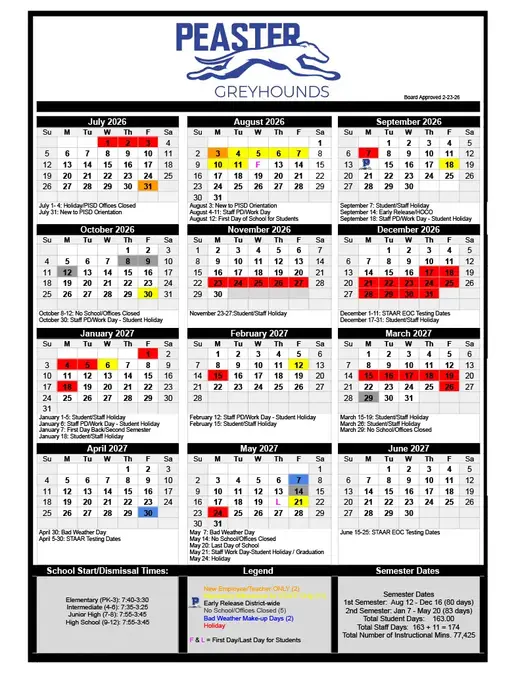 Peaster Independent School District 2026–2027 Academic Calendar Page 2