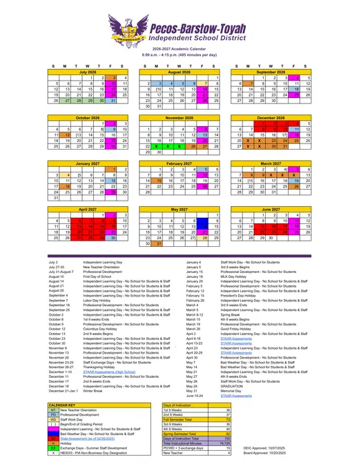 Pecos-Barstow-Toyah Independent School District 2026–2027 Academic Calendar