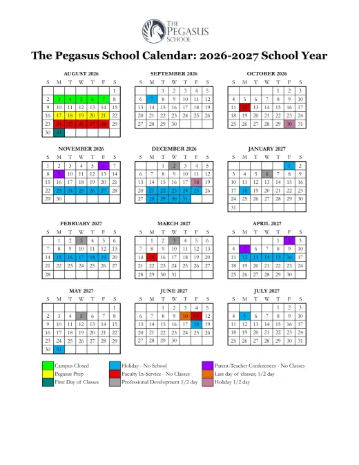 Pegasus School of Liberal Arts and Sciences 2026–2027 Academic Calendar Page 1