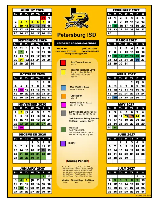 Petersburg ISD 2026–2027 Academic Calendar Page 1