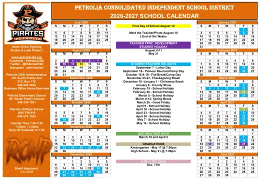 Petrolia CISD 2026–2027 Academic Calendar Page 1