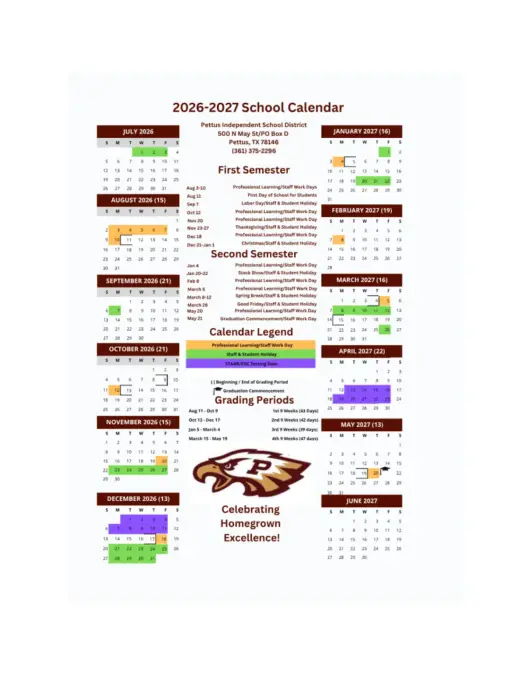 Pettus ISD 2026–2027 Academic Calendar Page 1