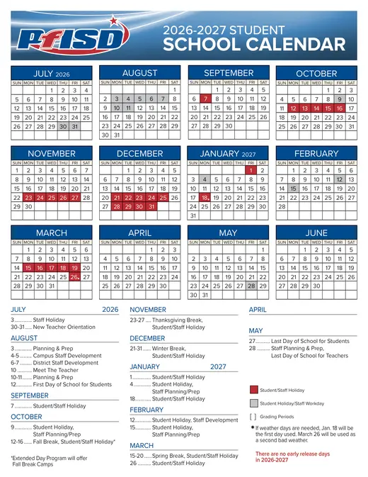 Pflugerville ISD 2026–2027 Academic Calendar