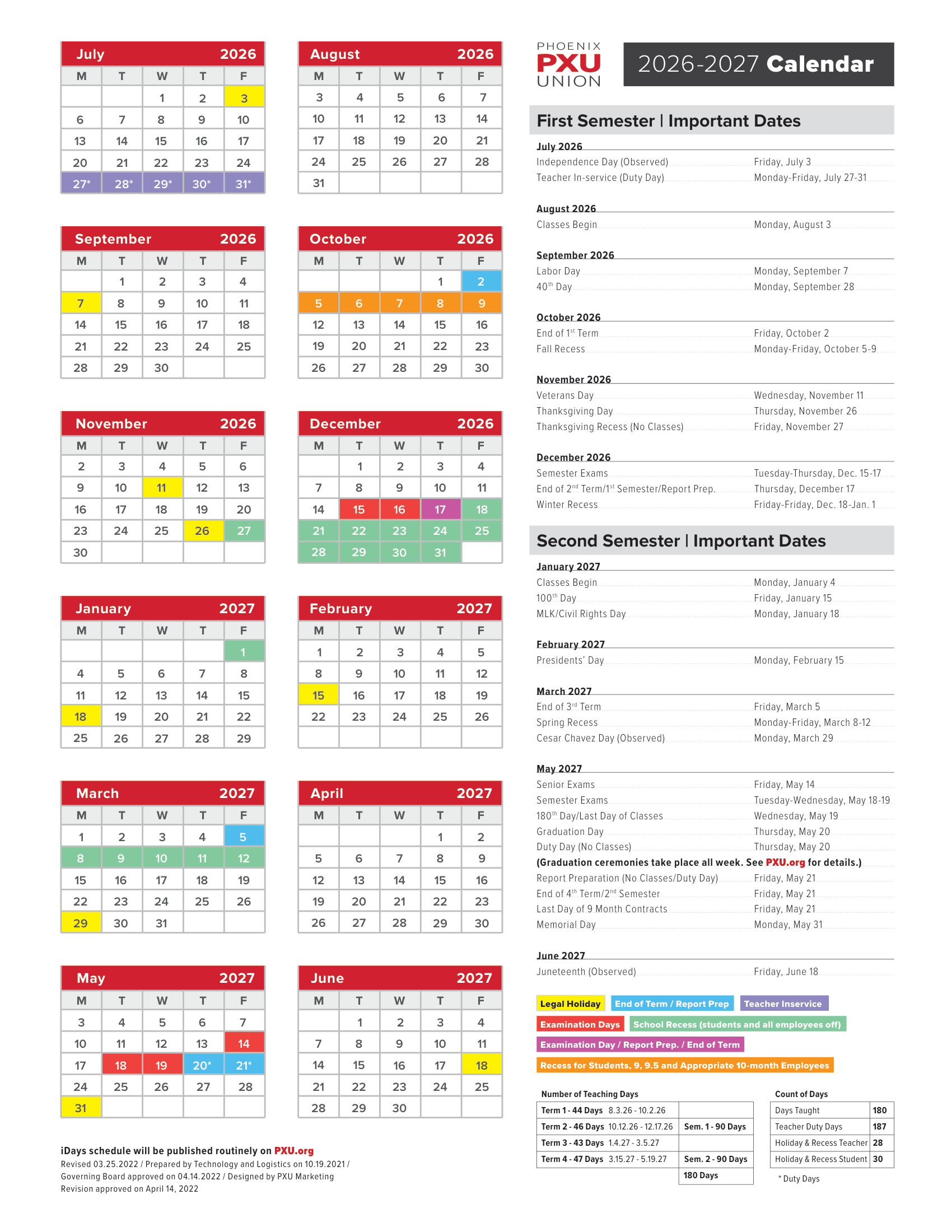 Phoenix Union 2026–2027 Academic Calendar Page 2