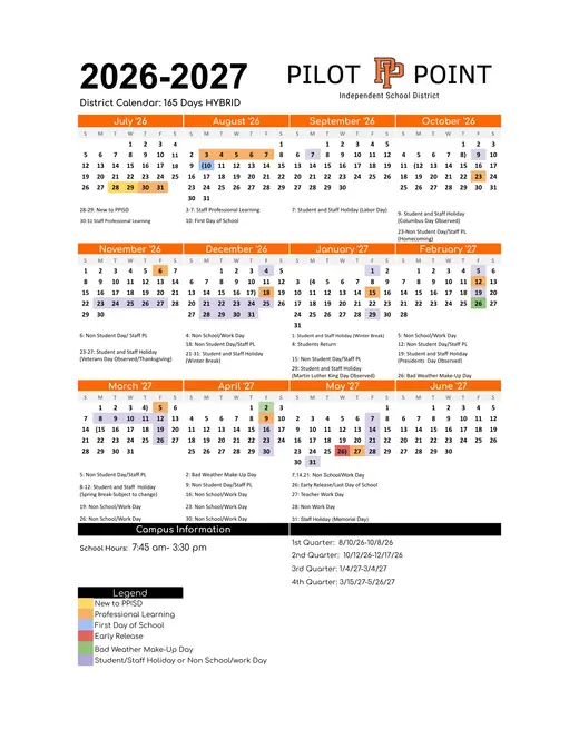 Pilot Point Independent School District 2025–2026 Academic Calendar Page 1