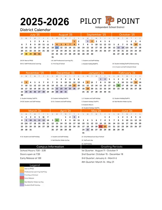 Pilot Point Independent School District 2025–2026 Academic Calendar Page 2