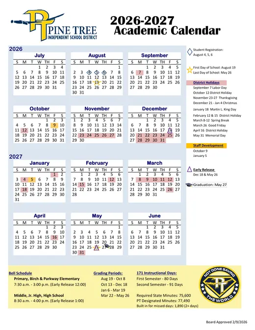 Pine Tree Independent School District 2026–2027 Academic Calendar