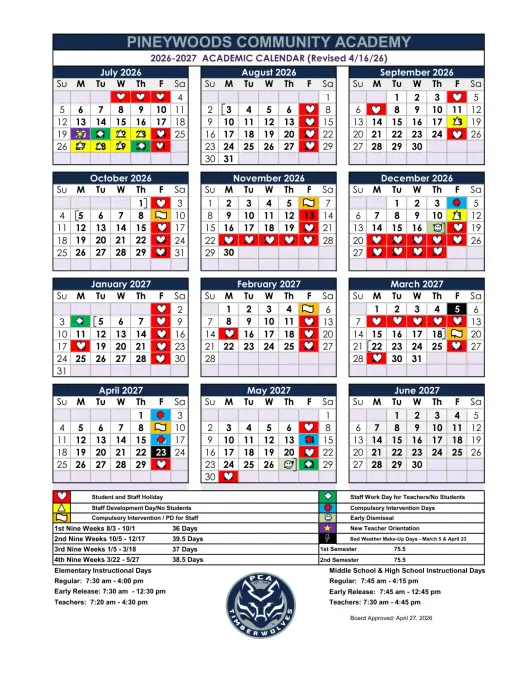 Pineywoods Community Academy 2026–2027 Academic Calendar Page 2