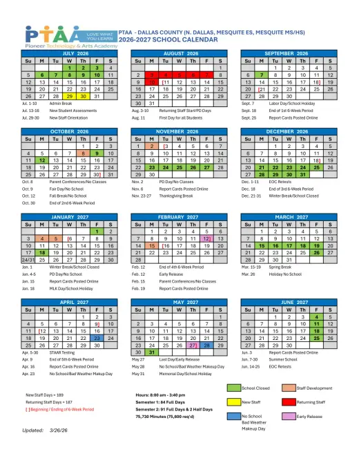 Pioneer Technology &amp;amp; Arts Academy 2026–2027 Academic Calendar Page 3