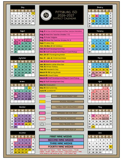 Pittsburg ISD 2026–2027 Academic Calendar