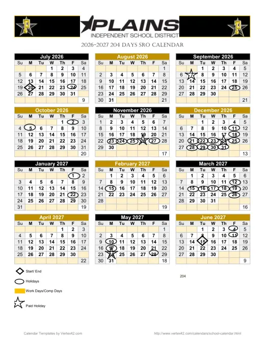Plains ISD 2026–2027 Academic Calendar Page 1