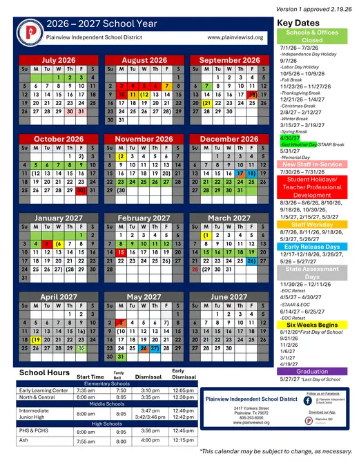 Plainview Independent School District 2026–2027 Academic Calendar