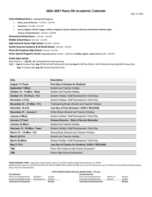 Plano Independent School District 2026–2027 Academic Calendar
