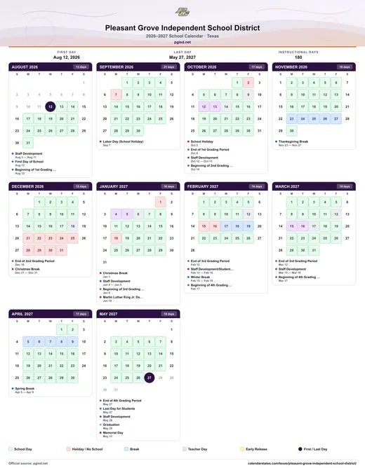 Pleasant Grove Independent School District 2026–2027 printable school calendar — every month on one sheet