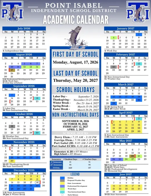 Point Isabel Independent School District 2026–2027 Academic Calendar