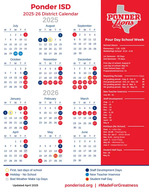 Ponder ISD 2025–2026 Academic Calendar Page 1