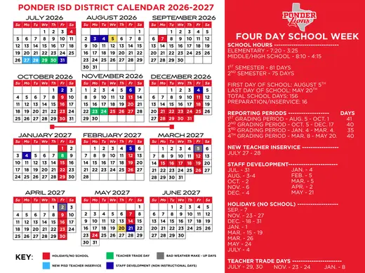 Ponder ISD 2025–2026 Academic Calendar Page 2