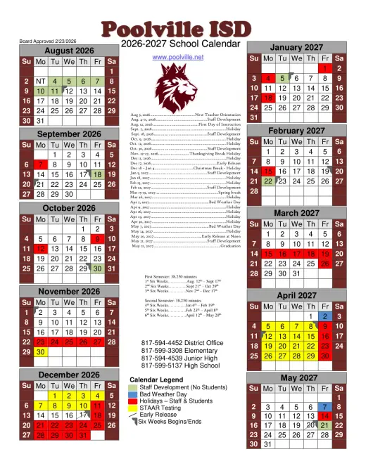 Poolville ISD 2026–2027 Academic Calendar Page 1