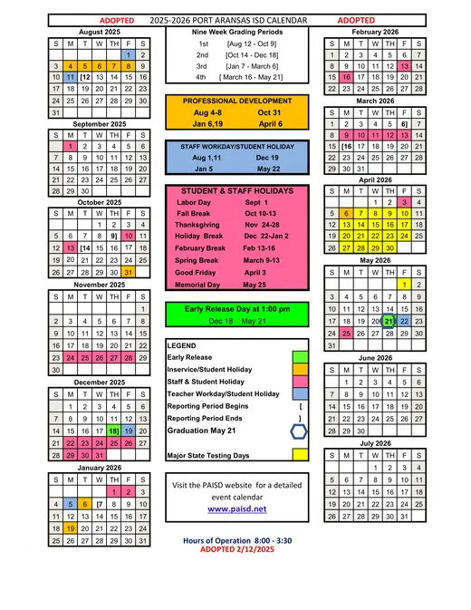 Port Aransas ISD 2025–2026 Academic Calendar