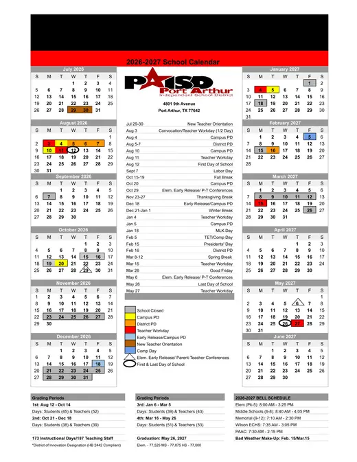 Port Arthur Independent School District 2026–2027 Academic Calendar