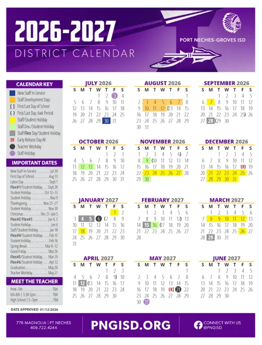 Port Neches-Groves ISD 2026–2027 Academic Calendar Page 2