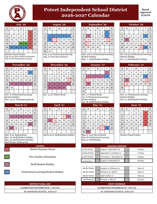 Poteet Independent School District 2026–2027 Academic Calendar