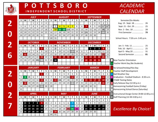 Pottsboro Independent School District 2026–2027 Academic Calendar