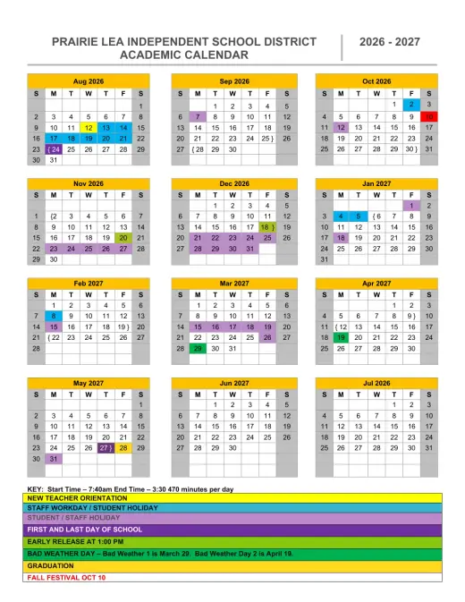 Prairie Lea ISD 2026–2027 Academic Calendar Page 1
