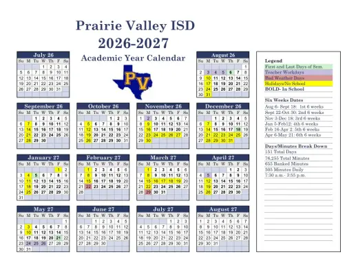 Prairie Valley ISD 2026–2027 Academic Calendar Page 1