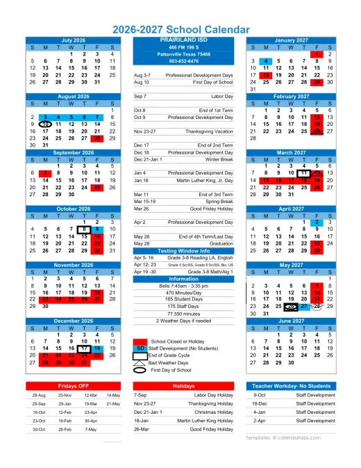Prairiland ISD 2026–2027 Academic Calendar Page 1