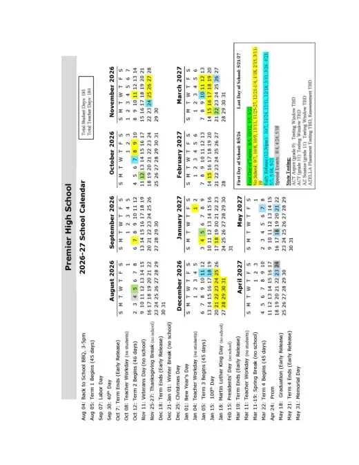 Premier High Schools 2026–2027 Academic Calendar Page 1