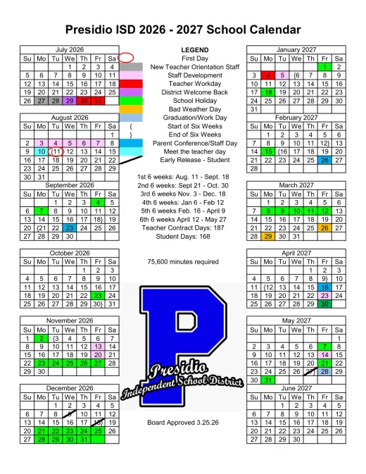 Presidio ISD 2026–2027 Academic Calendar Page 1