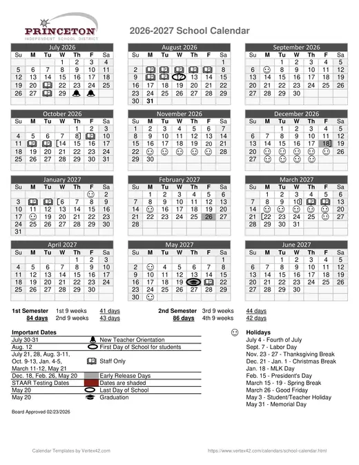 Princeton Independent School District 2026–2027 Academic Calendar