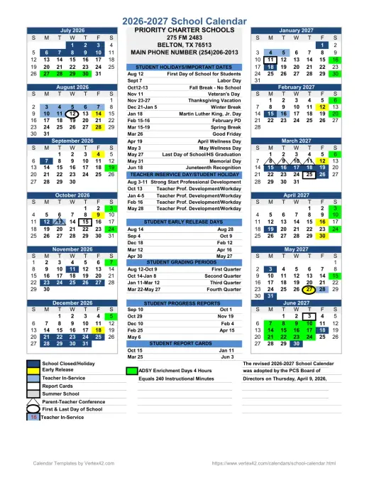 Priority Charter Schools 2026–2027 Academic Calendar Page 1