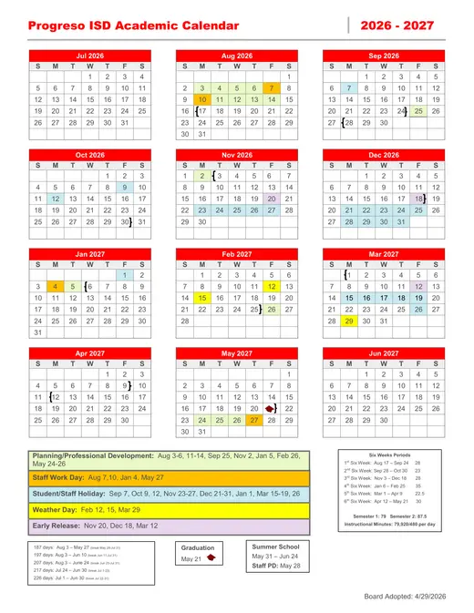 Progreso ISD 2026–2027 Academic Calendar