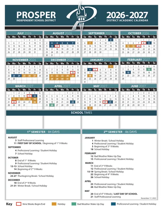 Prosper Independent School District 2026–2027 Academic Calendar