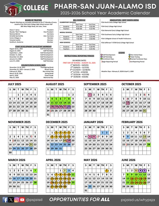 PSJA Early College High School 2025–2026 Academic Calendar