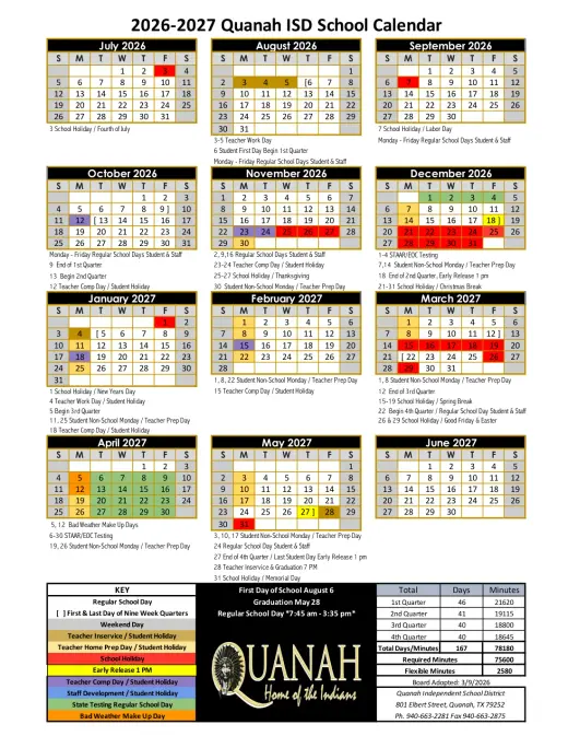 Quanah ISD 2026–2027 Academic Calendar Page 1