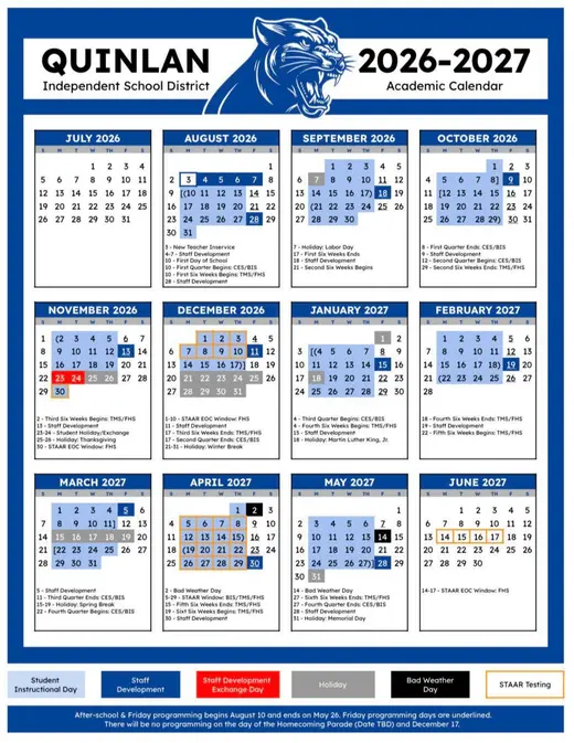 Quinlan Independent School District 2026–2027 Academic Calendar