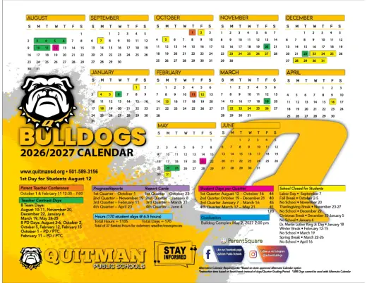 Quitman ISD 2026–2027 Academic Calendar Page 1