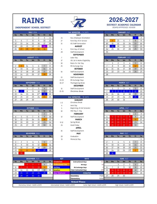 Rains Independent School District 2026–2027 Academic Calendar Page 1