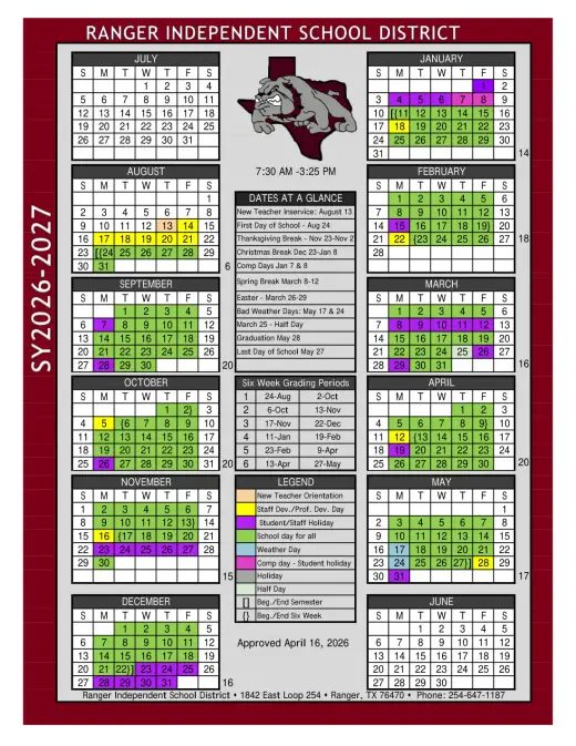 Ranger ISD 2026–2027 Academic Calendar Page 1