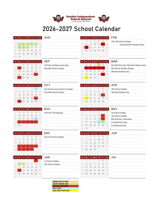 Rankin ISD 2026–2027 Academic Calendar Page 1