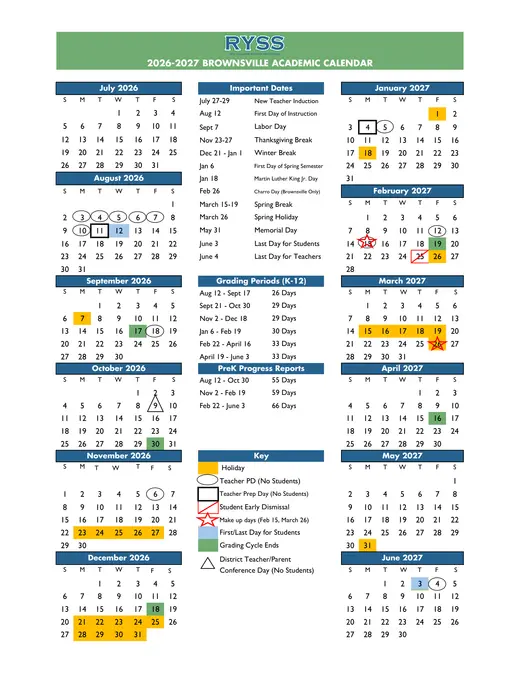 Raul Yzaguirre Schools for Success Brownsville 2026–2027 Academic Calendar